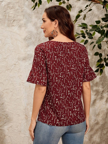 EMERY ROSE Allover Print Flounce Sleeve Blouse