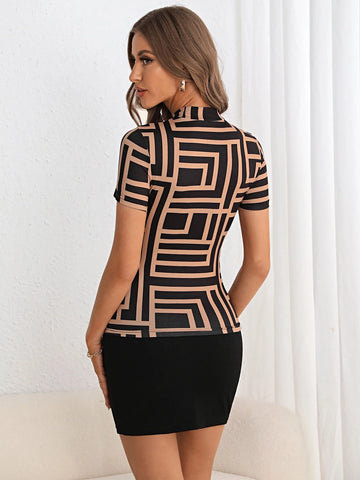 Geo Print Mock Neck Tee & Bodycon Skirt