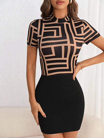 Geo Print Mock Neck Tee & Bodycon Skirt