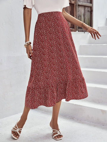 EMERY ROSE Ditsy Floral Print Ruffle Hem Skirt