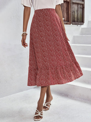 EMERY ROSE Ditsy Floral Print Ruffle Hem Skirt