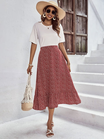 EMERY ROSE Ditsy Floral Print Ruffle Hem Skirt