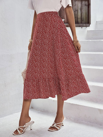 EMERY ROSE Ditsy Floral Print Ruffle Hem Skirt