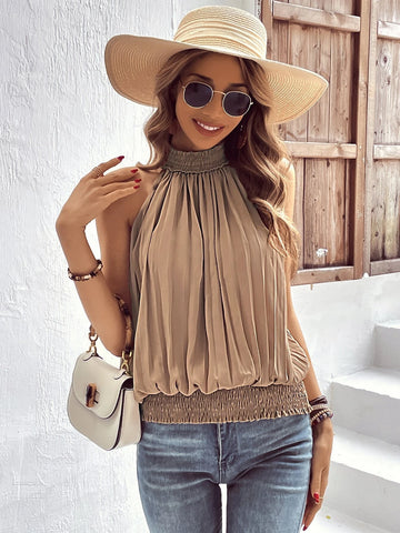 EMERY ROSE Solid Keyhole Back Halter Neck Pleated Detail Blouse