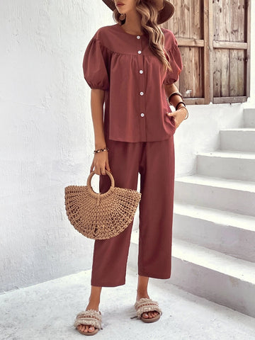 EMERY ROSE Puff Sleeve Button Front Blouse & Pants