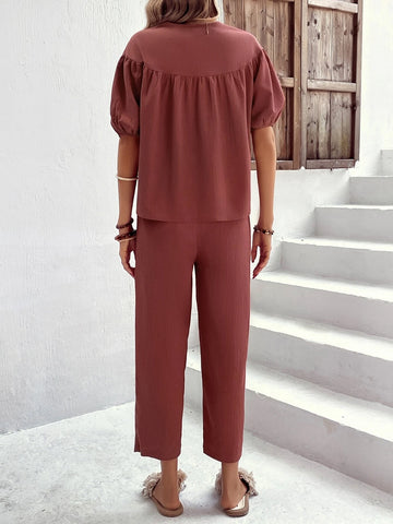 EMERY ROSE Puff Sleeve Button Front Blouse & Pants
