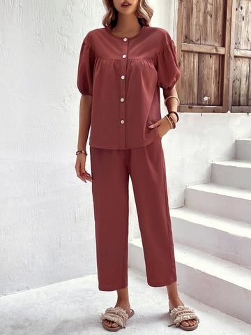EMERY ROSE Puff Sleeve Button Front Blouse & Pants