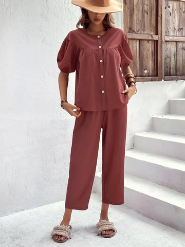EMERY ROSE Puff Sleeve Button Front Blouse & Pants