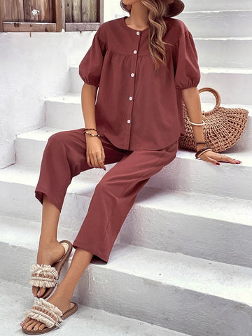 EMERY ROSE Puff Sleeve Button Front Blouse & Pants