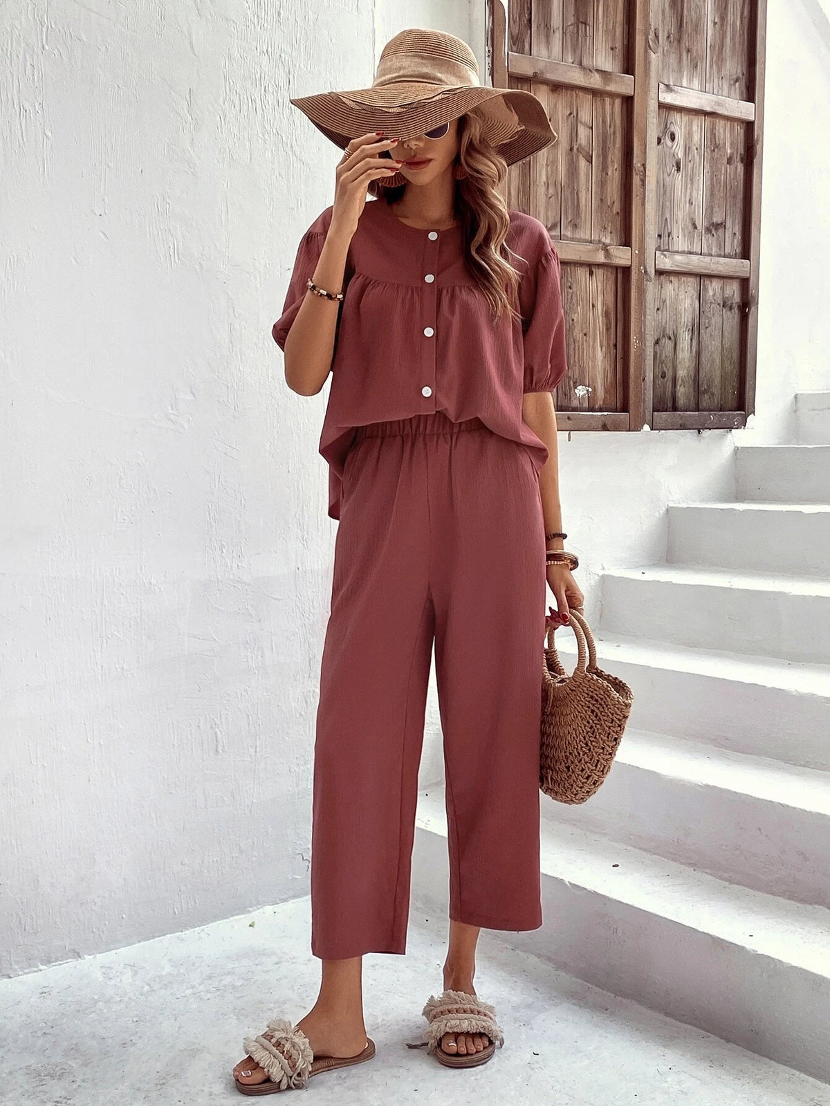 EMERY ROSE Puff Sleeve Button Front Blouse & Pants