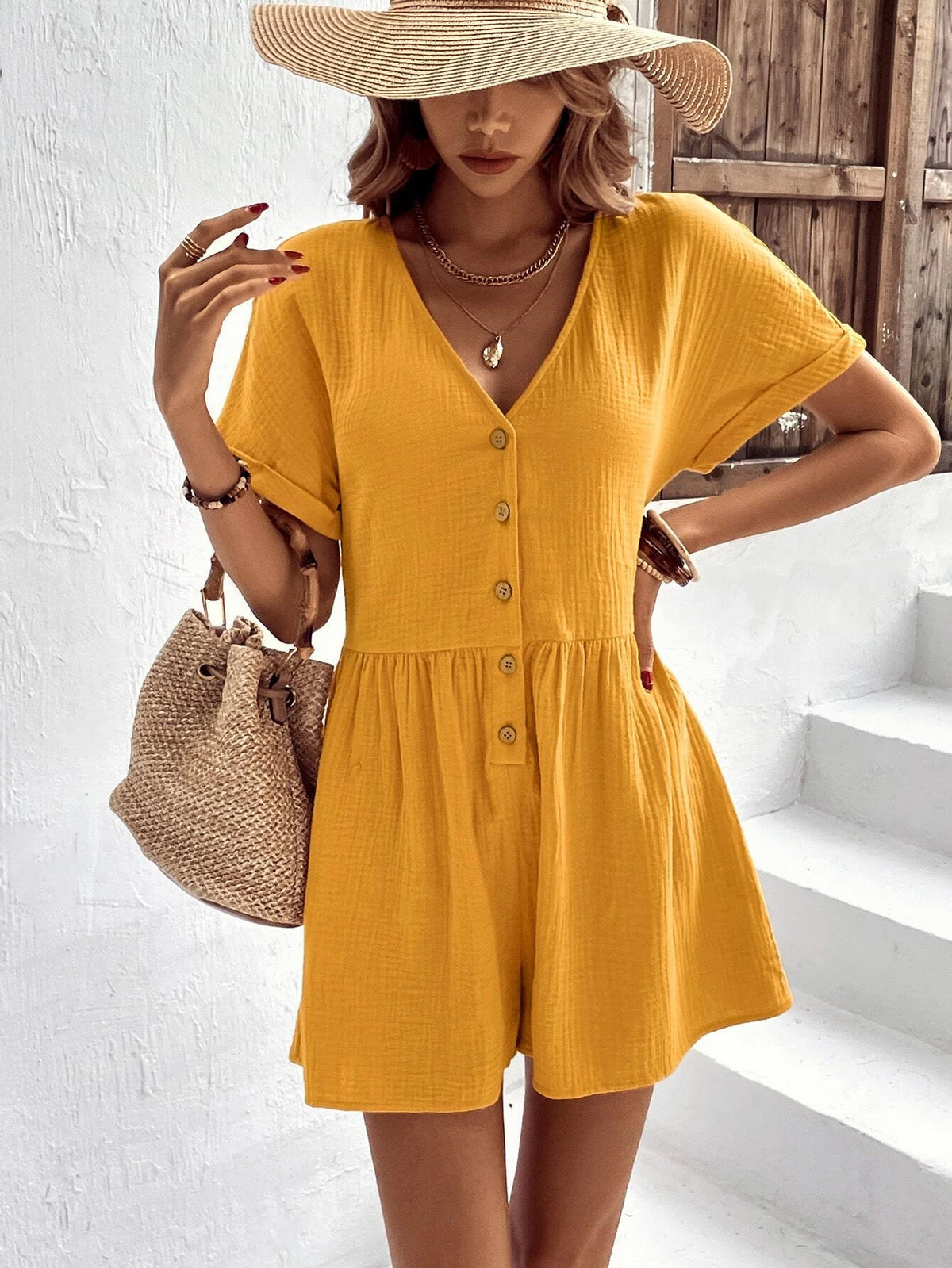 EMERY ROSE Batwing Sleeve Button Front Romper