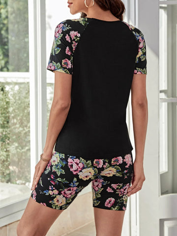 Floral Print Raglan Sleeve Tee & Biker Shorts