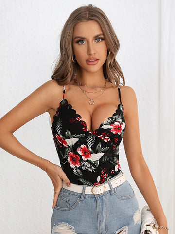 Tropical Print Scallop Trim Cami Bodysuit