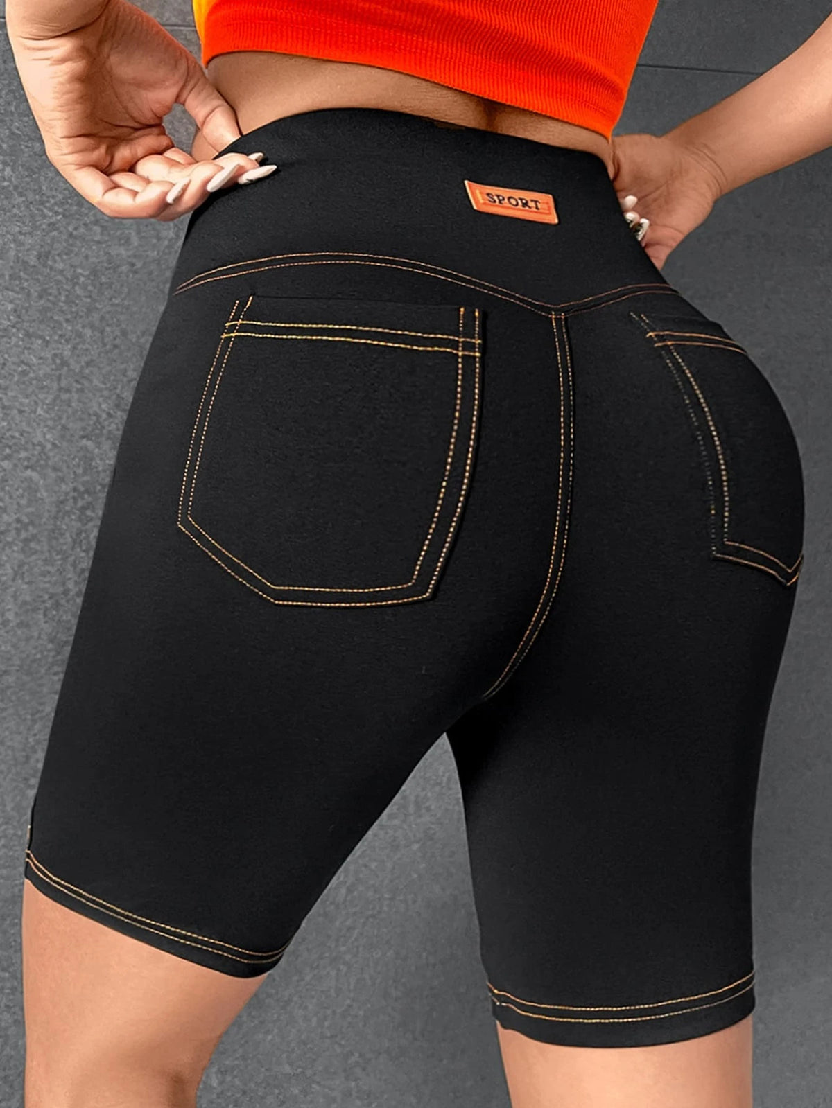 EZwear Top-stitching Patched Detail Wideband Waist Biker Shorts
