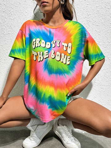 Tie Dye Slogan Graphic Drop Shoulder Tee