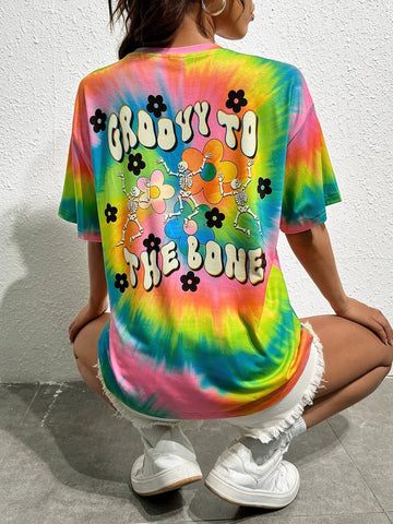 Tie Dye Slogan Graphic Drop Shoulder Tee