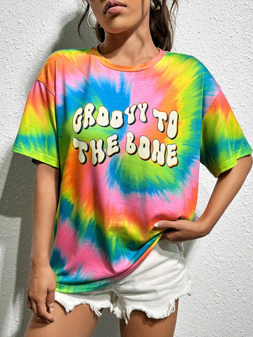 Tie Dye Slogan Graphic Drop Shoulder Tee
