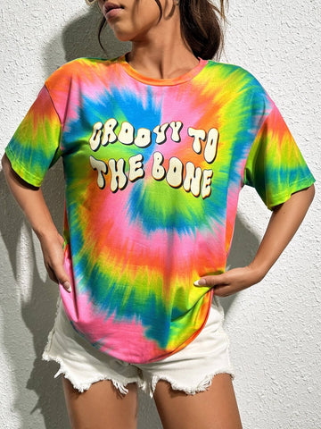 Tie Dye Slogan Graphic Drop Shoulder Tee