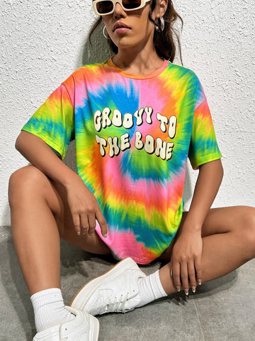 Tie Dye Slogan Graphic Drop Shoulder Tee