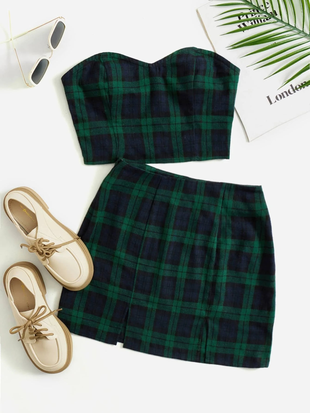 EZwear Plaid Print Tube Top & Skirt