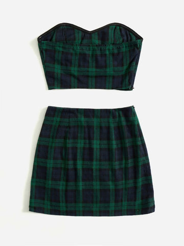 EZwear Plaid Print Tube Top & Skirt