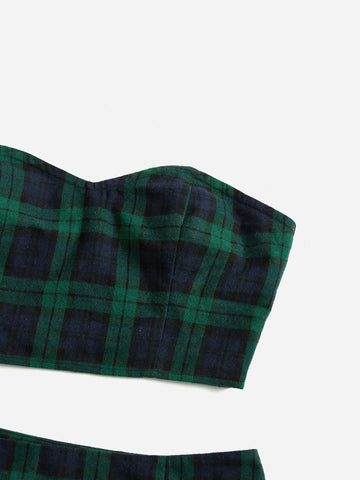 EZwear Plaid Print Tube Top & Skirt