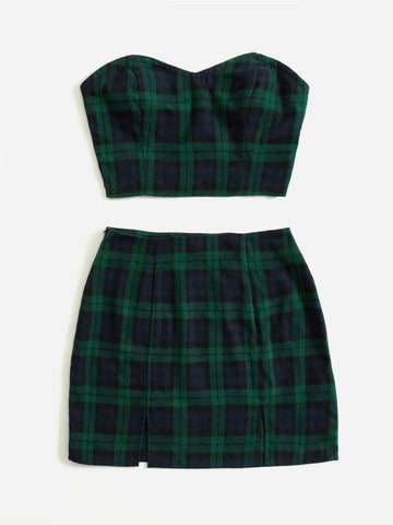 EZwear Plaid Print Tube Top & Skirt