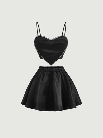 MOD Rhinestone Trim Heart Cami Top & Skirt Set