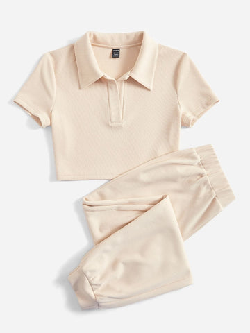 EZwear Polo Neck Crop Tee & Sweatpants