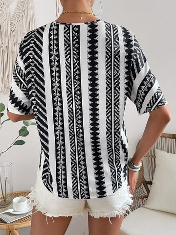 Geo Print Tie Neck Batwing Sleeve Blouse
