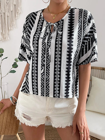 Geo Print Tie Neck Batwing Sleeve Blouse