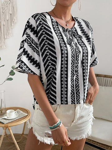Geo Print Tie Neck Batwing Sleeve Blouse
