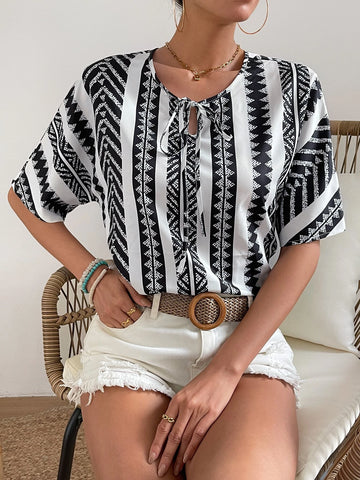 Geo Print Tie Neck Batwing Sleeve Blouse