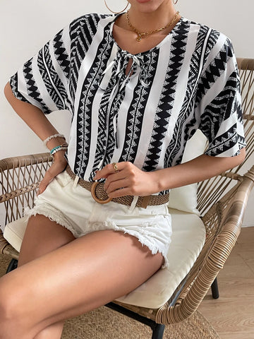 Geo Print Tie Neck Batwing Sleeve Blouse