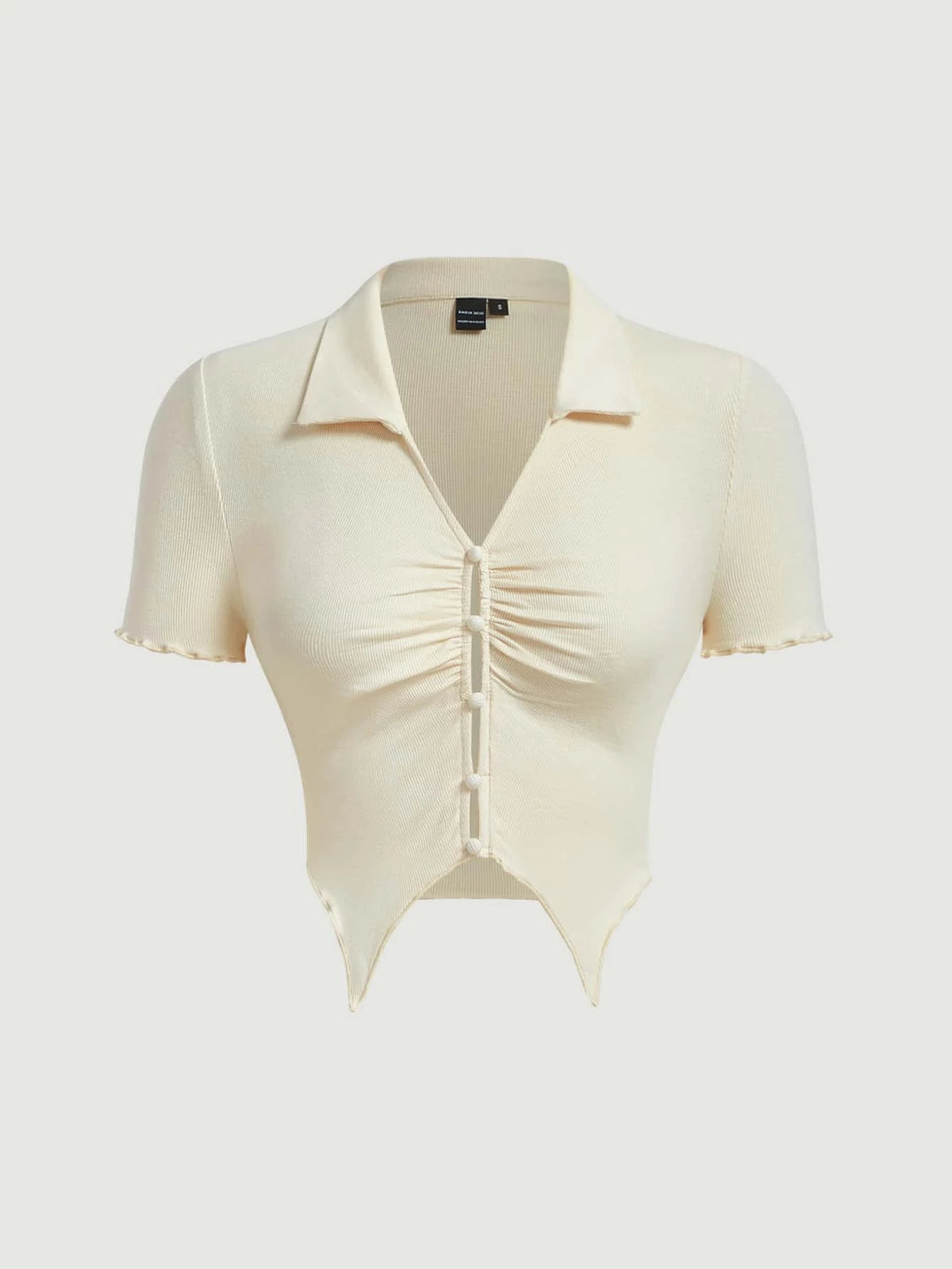 Solid Button Front Lettuce Trim Ruched Front Tee