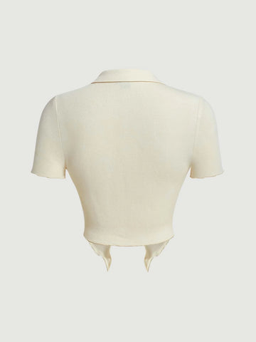 Solid Button Front Lettuce Trim Ruched Front Tee