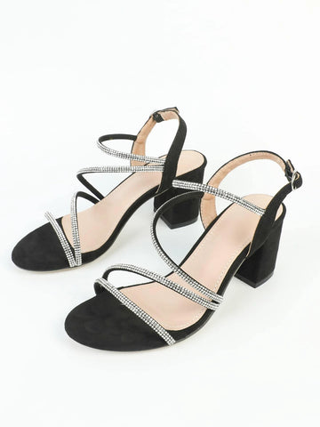 Women Rhinestone Decor Chunky Heeled Sandals, Fashionable Summer Faux Suede Slingback Sandals