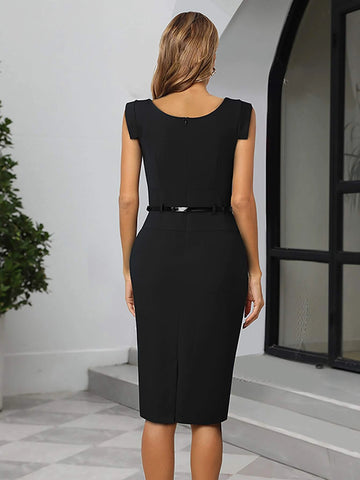 Draped Collar Split Back Dress Without Belt