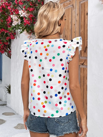 VCAY Polka Dot Print Ruffle Trim Blouse