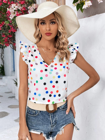 VCAY Polka Dot Print Ruffle Trim Blouse