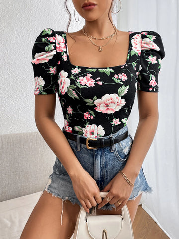 Unity Floral Print Square Neck Puff Sleeve Tee