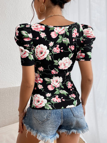 Unity Floral Print Square Neck Puff Sleeve Tee