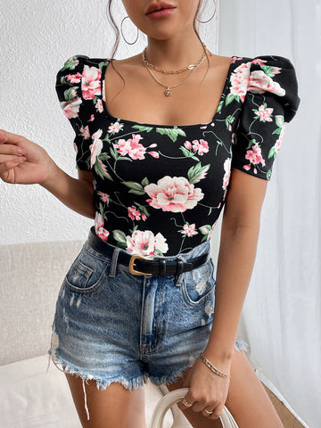 Unity Floral Print Square Neck Puff Sleeve Tee