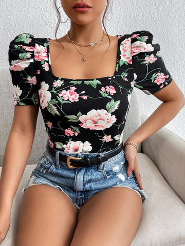 Unity Floral Print Square Neck Puff Sleeve Tee