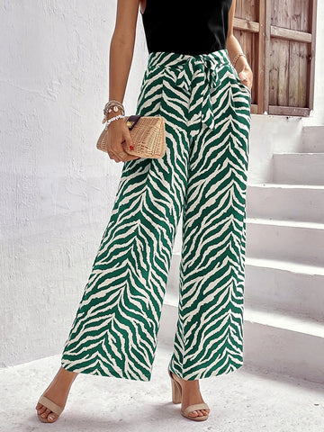 EMERY ROSE Zebra Striped Tie Front Wide Leg Pants