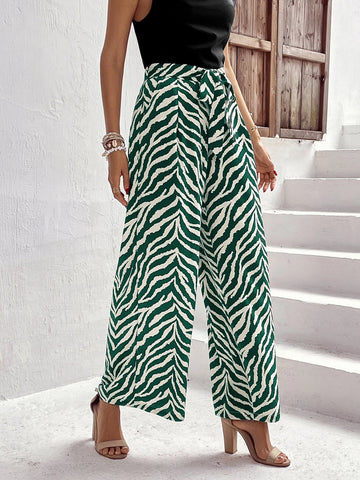 EMERY ROSE Zebra Striped Tie Front Wide Leg Pants