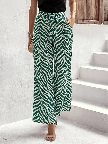 EMERY ROSE Zebra Striped Tie Front Wide Leg Pants