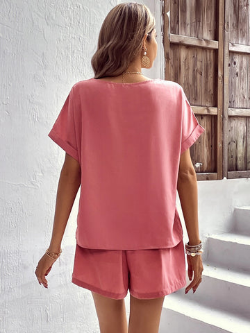 Solid Batwing Sleeve Blouse & Belted Shorts