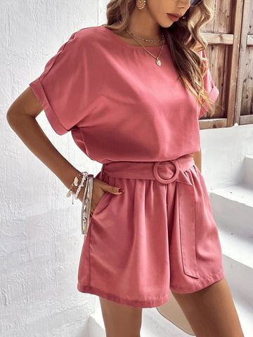 Solid Batwing Sleeve Blouse & Belted Shorts