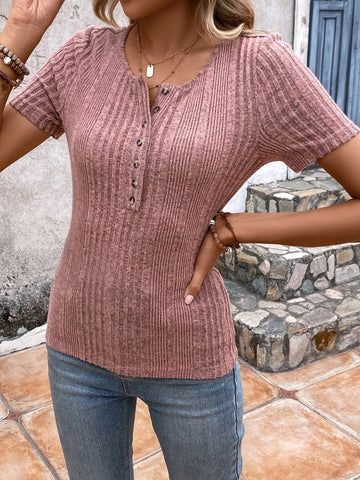 EMERY ROSE Half Button Ribbed Knit Tee